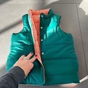 CPC Classic Prep Childrenswear green puffer vest orange + white gingham lining
